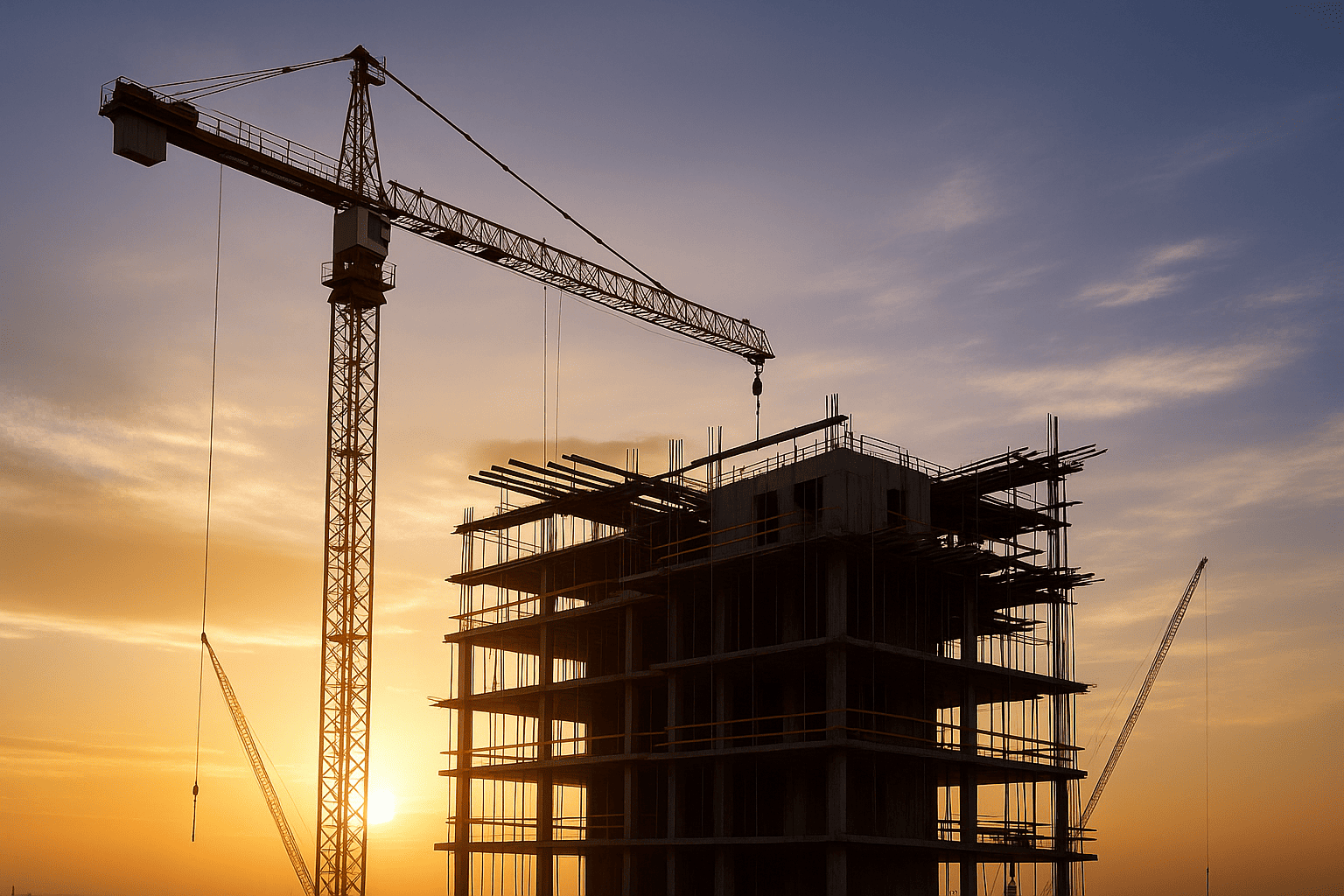 Construction site with building frame and crane at sunset
